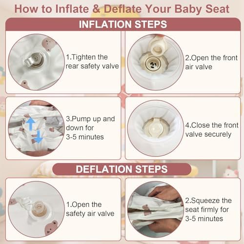 Inflatable Baby Seat with Built-in Pump and Back Support, Brown Bear