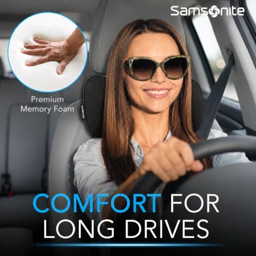 SAMSONITE Car Neck Pillow – Memory Foam Car Seat Headrest Cushion, Ergonomic Neck Support for Driving, Comfortable Head Rest for Long Trips, Travel Pillow for Cars & Office Chairs, Black
