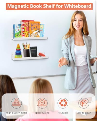 2-Pack Magnetic Book Shelf for Whiteboard - 17 Inch Reusable Metal Magnetic Shelves, Holds 12.5 lbs, Back to School Supplies for Classroom, Walls & Home Decor - White