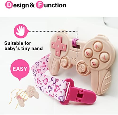 Cool Remote Game Control Teething Toy for Babies 0-6 6-12 Months,Game Controller Teether for Gamer Parents,Baby's First Valentines Day Gifts,Silicone Remote Chew Toys（Pink