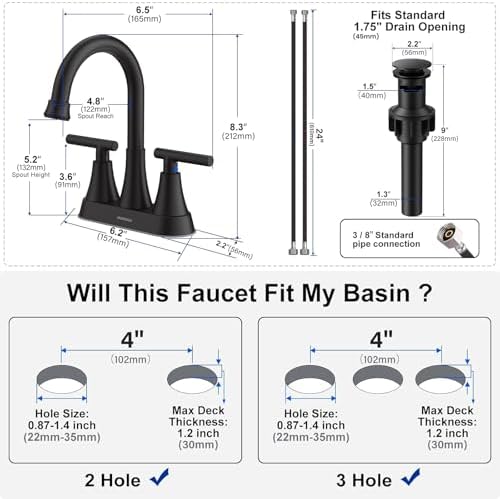 Matte Black Bathroom Faucet, Hurran 4 inch Centerset 2-Handle Lead-Free