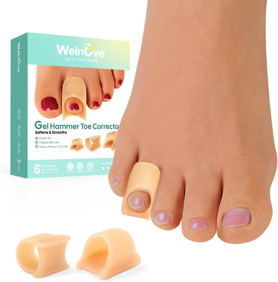 Welnove Hammertoe Corrector - 6 Pack Toe Splints - Soft Gel Toe Straighteners - Realign Bent, Curled, Crooked, Claw, Hammer Toes - Toe Corrector for Men and Women, 3 Different Sizes (Beige)