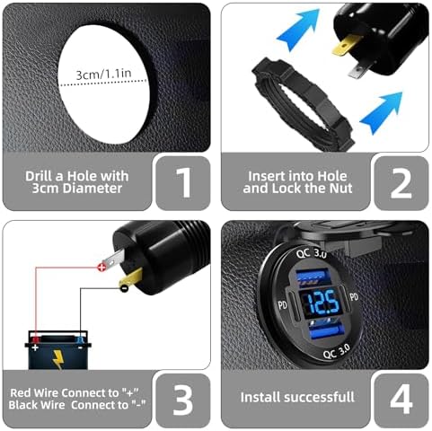 1 Pack 12V USB Outlet, Waterproof Marine USB Port with Voltmeter