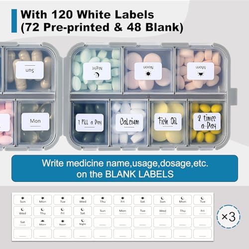 LANDNEOO 14 Grids Pill Organizer Box with Labels, Travel Medication Holder Dispenser Case Kit, Pocket Daily Pharmacy Container for Fish Oil Vitamin Supplement Storage, Khaki Pink Grey, 3 Pack