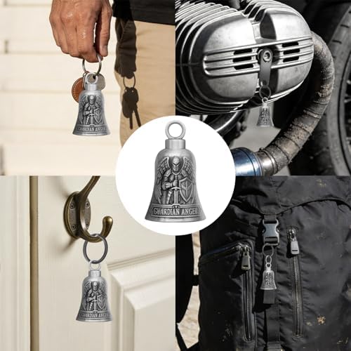St. Michael Motorcycle Bell Guardian Angel Gremlin Biker Bells for Luck with Motorcycle Bell Hanger, 2 Key Chain Ring Accessories, Velvet Pouch
