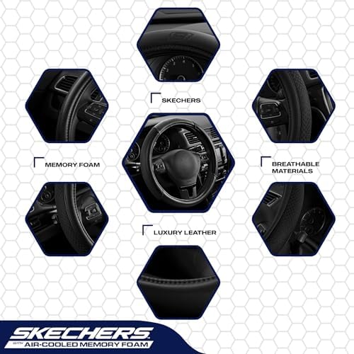 Skechers Air-Cooled Steering Wheel Cover,Leather Car Steering Wheel Cover Universal Fit 14" 1/2-15" Car Wheel Protector for Men Women Fit Suvs,Vans,Sedans,Car,Trucks,Black