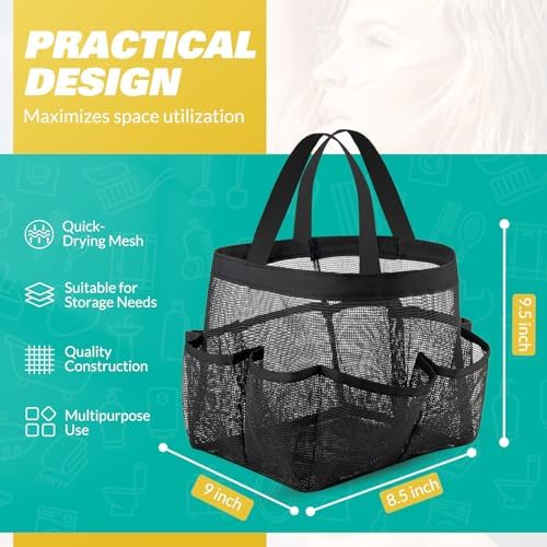 LOYEE Mesh Shower Caddy Portable for College Dorm Room Essentials with 8 Pockets, Shower Bag for Beach, Swimming, Gym, Travel, Bathroom(Black)