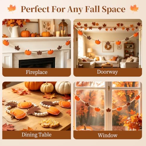 6.8 FT Fall Pumpkin Garland with Maple Leaves and Wood Beads, Autumn Decor