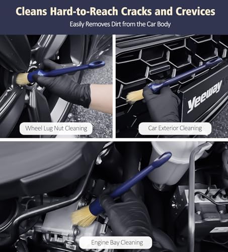 YeewayVeh 3PCS Car Detailing Brush Set, Boars Hair Bristles Brushes, Indigo
