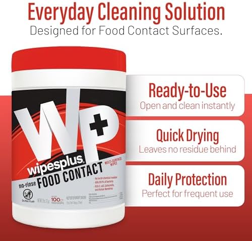 WIPESPLUS Cleaning Wipes All Purpose Food Contact - No Rinse, No Residue, Quick Dry Formula, Disinfecting Wipes For Restaurants, Foodservice, Schools - Canister, 100 Count