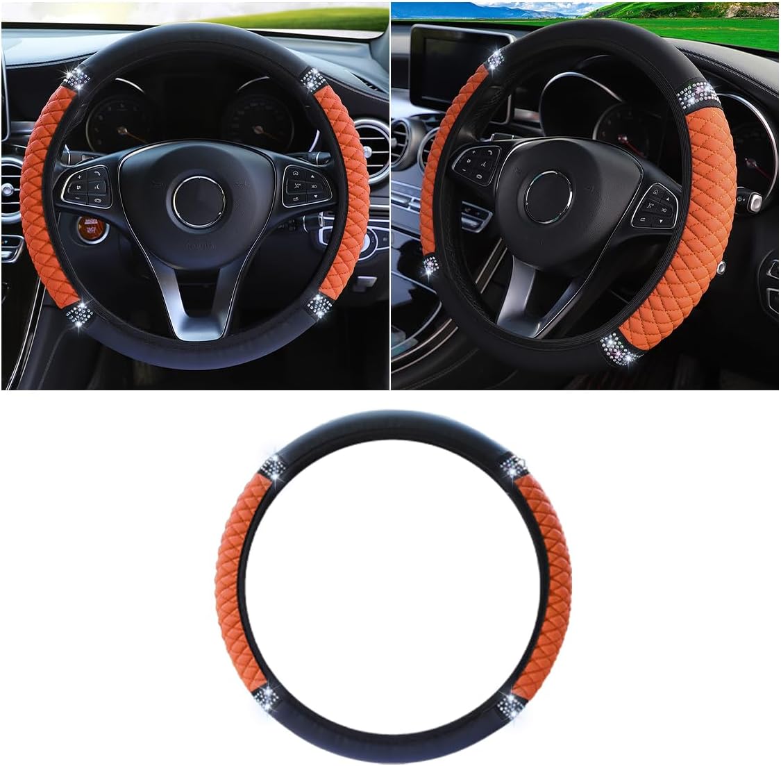 JOYCOURT 15 Inch Bling Soft Leather Car Steering Wheel Cover, Pink