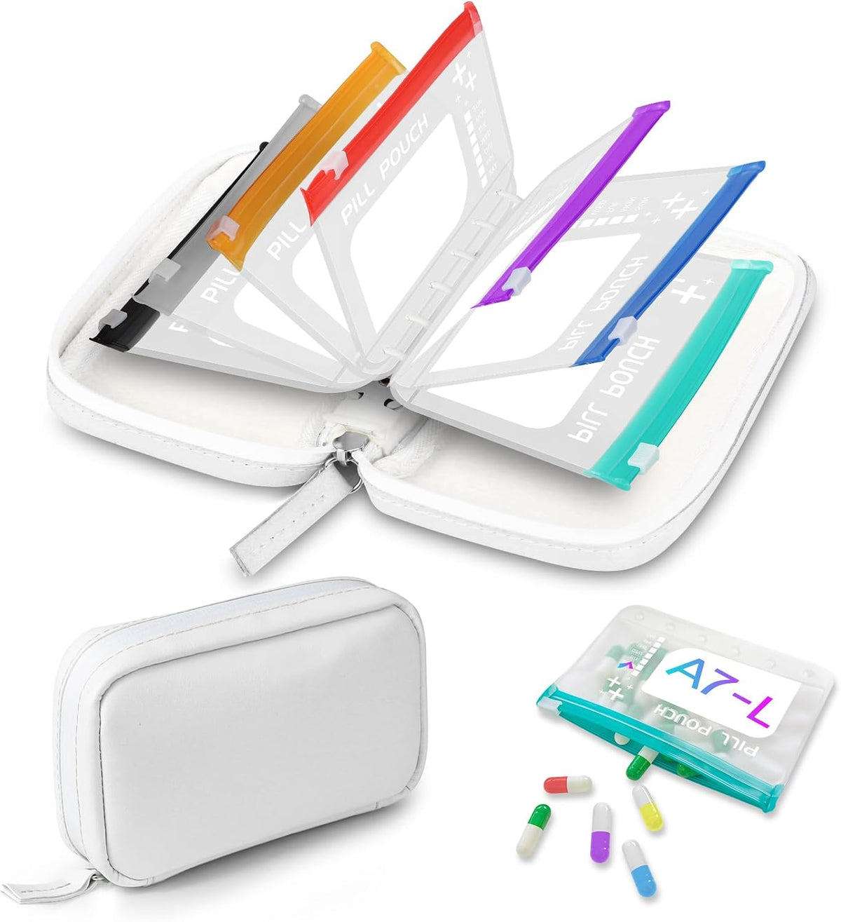 Timueetech A7 Waterproof Pill Organizer with 7 PCS L Size Zippered Pill Pouches for A7 Binder, Large BPA-Free Weekly Medicine Organizer, Color-Coded Reusable Travel Pill Storage System