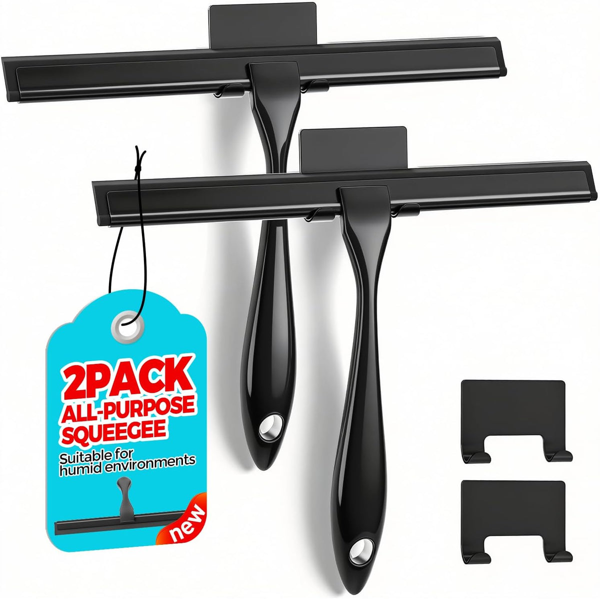 ALFLOD 2pcs Shower Squeegee for Glass Doors with Adhesive Hanging Hook Set