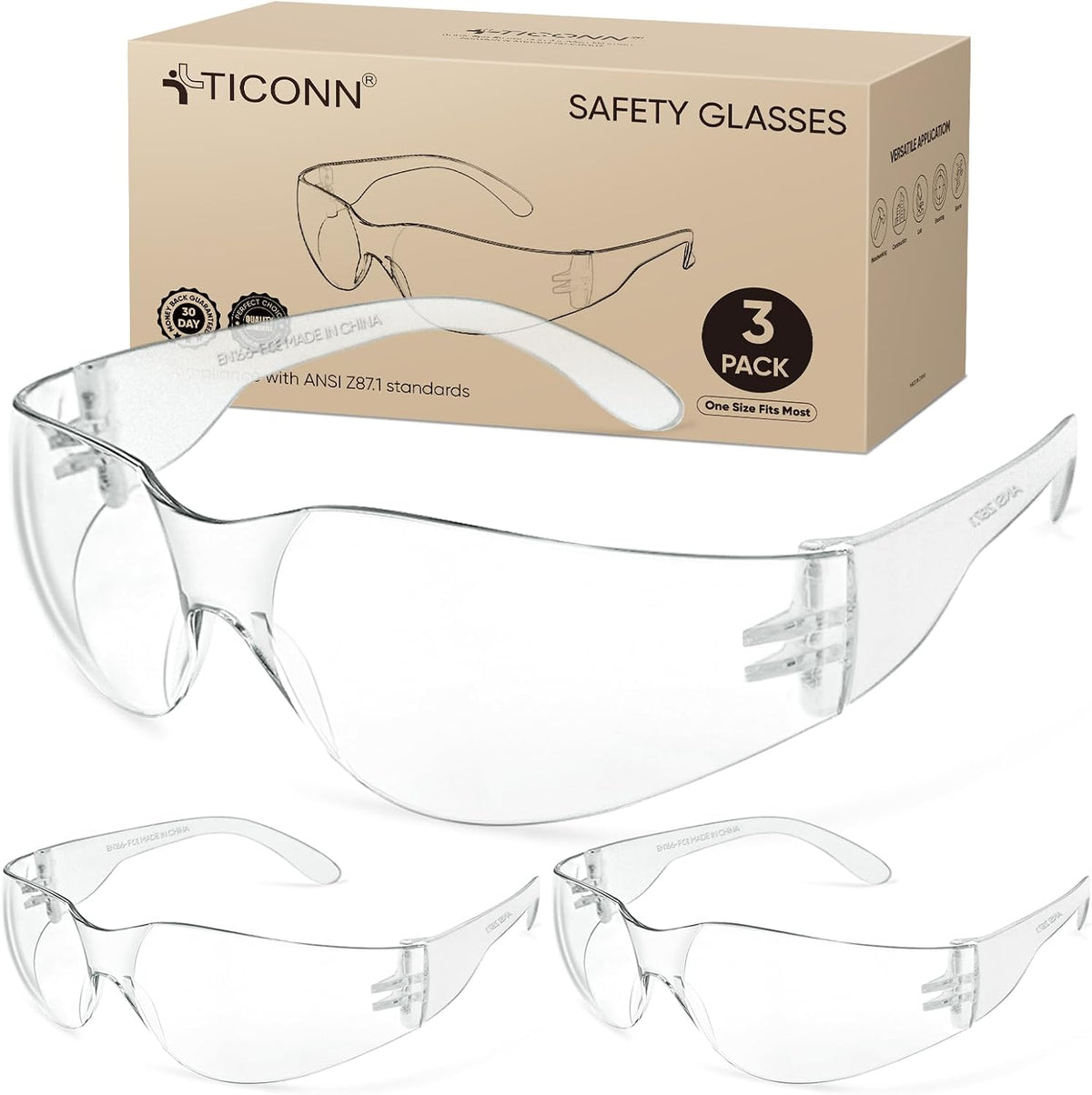 TICONN Clear Safety Glasses for Men & Women, ANSI Z87.1 Safety Goggles