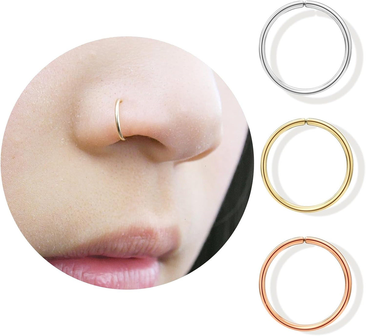 LUCKYJEWUS Small Thin Gold or Sterling Silver Nose Ring Hoop for Women, Tiny Nose Piercing jewelry