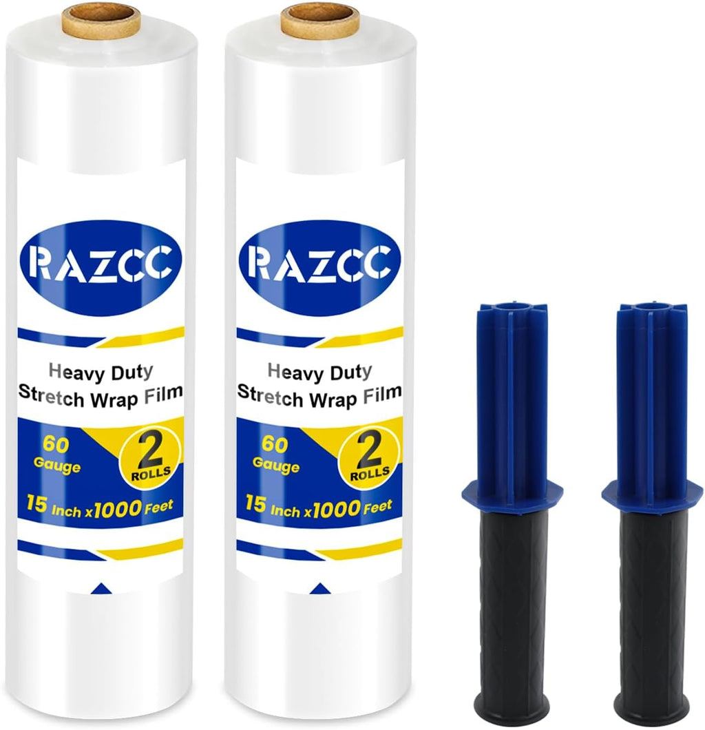 Stretch Film, RAZCC Stretch Wrap Industrial Strength, Shrink Wrap for Pallet Wrap, Heavy Duty Clear Plastic Wrap with Handles, Moving Wrapping Plastic Roll, 15" x 1000 Ft Per Roll, 60 Gauge, 4 Pack
