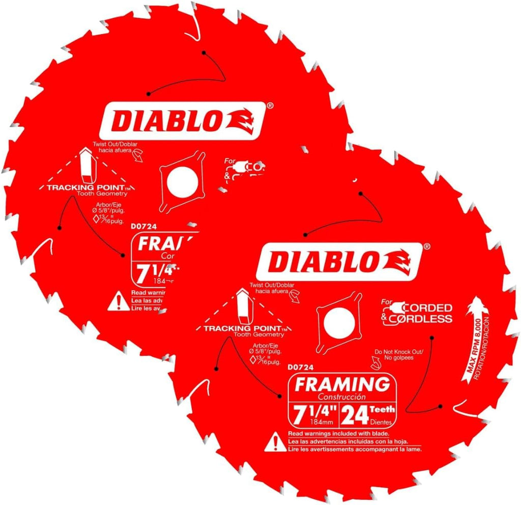 Diablo Framing Saw Blade for Wood - 7-1/4" x 24-Tooth, Thin Kerf, Anti-Vibration, Long Life for Framing & Pressure-Treated Wood, Tracking Point Tooth Design - Pack of 10 - D0724A