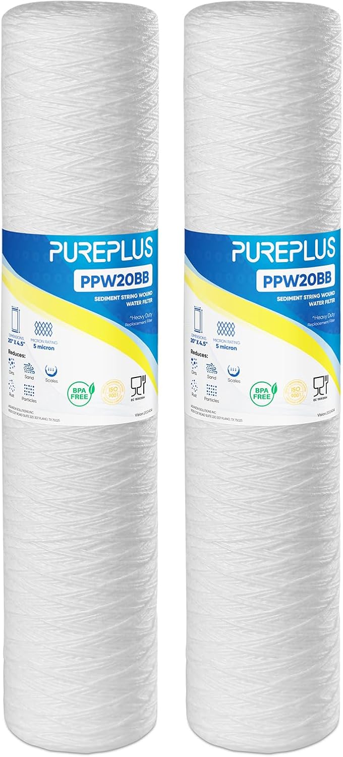 PUREPLUS 5 Micron 10"x2.5" Whole House String Wound Sediment Filter for Well Water, Replacement Cartridge for Universal 10 inch RO System, WP-5, Aqua-Pure AP110, CFS110, Culligan P5, WFPFC4002, 4Pack
