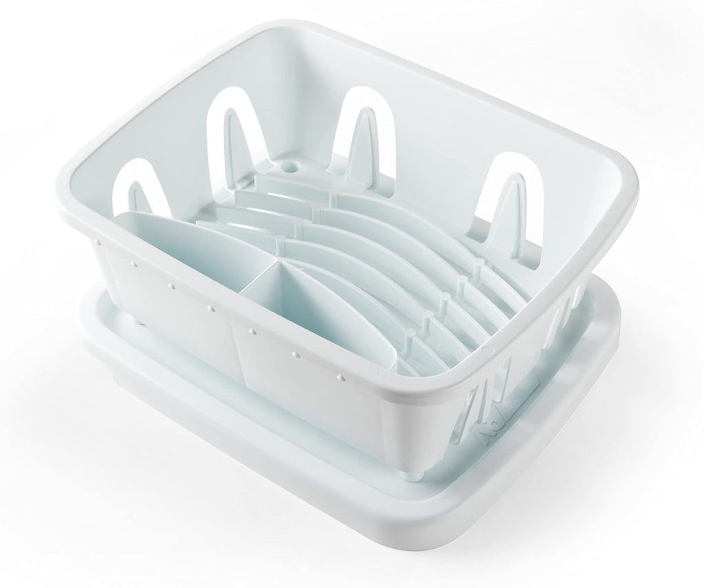 Camco RV Mini Dish Drainer & Tray - Features a Sloped Drain Tray Design, Heavy-Duty Construction - Ideal for Small Spaces, Apartments, Boats, and More -9.5"L x 11.7"W x 4.75"H - White (43511)
