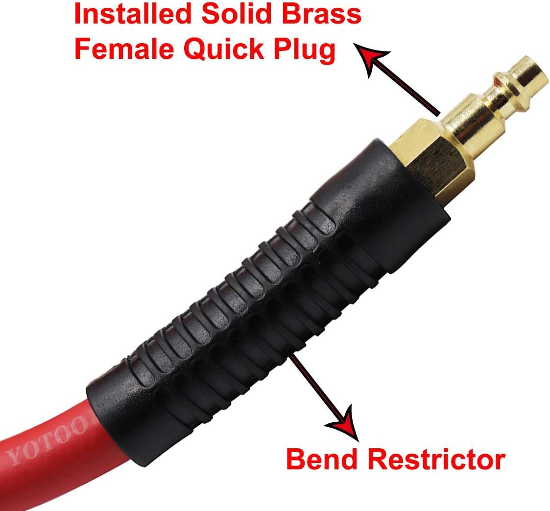 YOTOO Hybrid Air Hose 3/8-Inch by 50-Feet 300 PSI Heavy Duty, Lightweight, Kink Resistant, All-Weather Flexibility with 1/4-Inch Brass Male Fittings, Bend Restrictors, Red