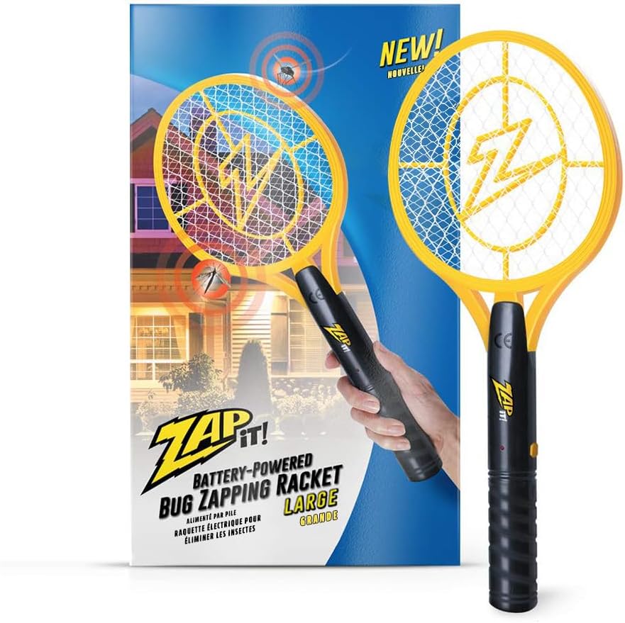 ZAP IT! Battery Powered Fly Swatter Racket - 3,500-Volt Mosquito Zapper with 2 AA Batteries Included and LED Light -Medium- Safe 3-Layer Mesh, Dark Yellow, Bug Zapper Racquet for Indoors and Outdoors