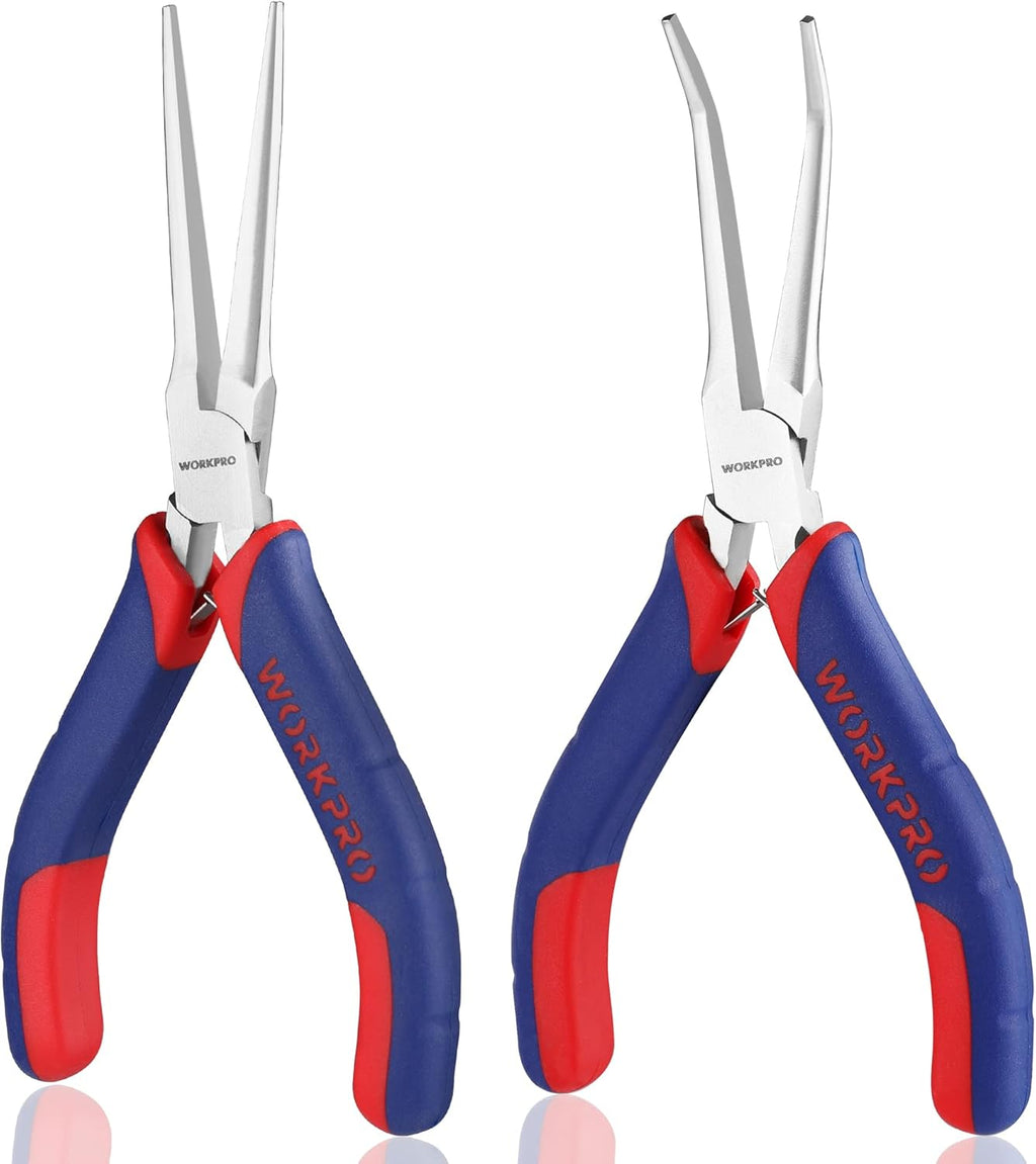 WORKPRO 2-Piece 6" Mini Needle Nose Pliers Set(Smooth Jaw), Long Nose Pliers, Bent Nose Pliers with Comfort Grip Handles, Jewelry Plier For Wire Wrapping, Handmade Craft, Jewelry Making, 6" 2PCS