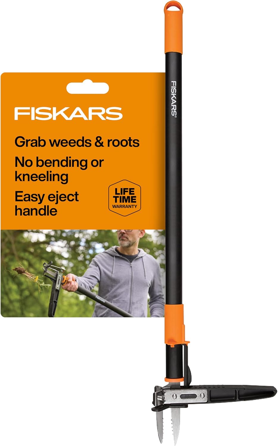 Fiskars Deluxe Stand-Up Weed Puller Tool, 4 Serrated Stainless Steel Claws