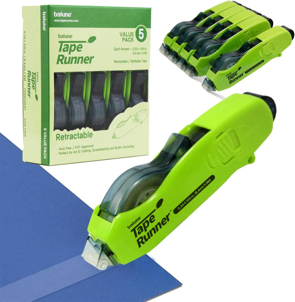 TAPE RUNNER - Double Sided Adhesive with Dispenser Roller Included - Acid Free, Sticky, Transparent - Ideal for Scrapbooking, Crafts & More - Retractable (315 inches per Cartridge), 5 Cartridges