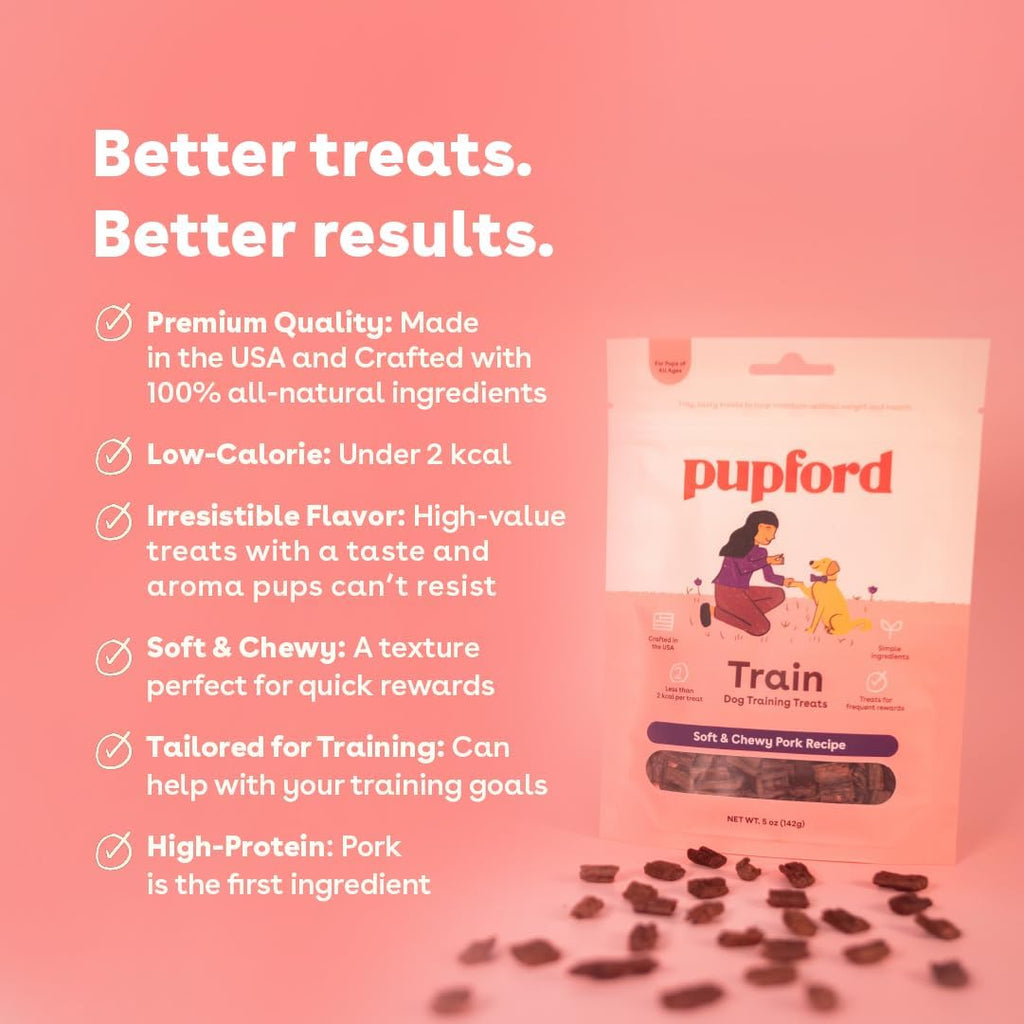Pupford Soft & Chewy Training Treats for Dogs & Puppies (Pork, 5 oz) | 250+ treats per bag, <2 kcals each, Only 7 ingredients, All breed sizes, Mess free and bite sized, Trainer recommended