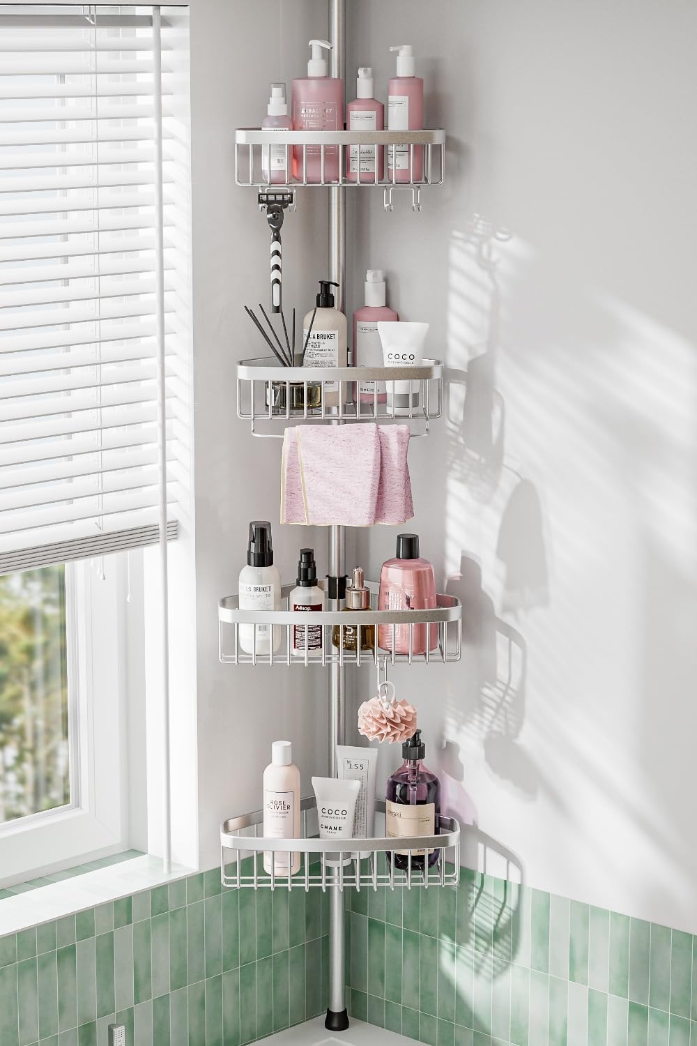 Corner Shower Caddy Tension Pole: Adjustable Rustproof 4-Tier Inside Bathroom Organizer - 47-121 inch Quick Installation Bathtub Shelves for Shampoo Storage - Rod Floor Standing Bath Rack - Black