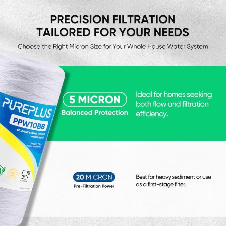 PUREPLUS 5 Micron 10 x 4.5 Whole House String Wound Sediment Filter for Well Water, Replacement Cartridge for 84637, WPX5BB97P, PC10, 355214-45, 355215-45, WP10BB97P, WP5BB97P, 2Pack