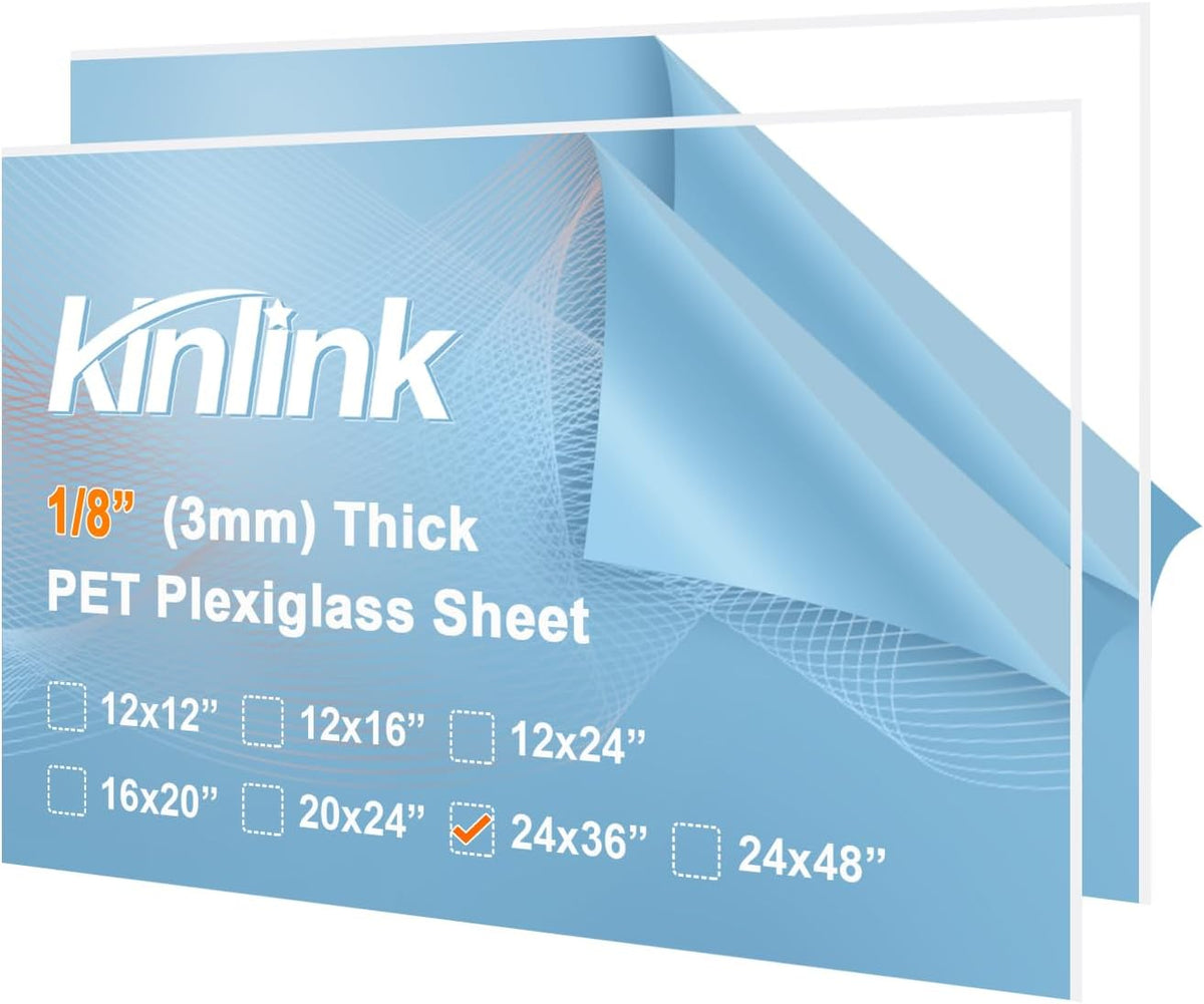 KINLINK 24x36 Plexiglass Sheets 1/8 inch Thick, 3mm Clear PET Plastic Sheet for DIY Project, Craft, Table top, Picture Frame, Acrylic Sign and Wedding Invitation 2 Pack