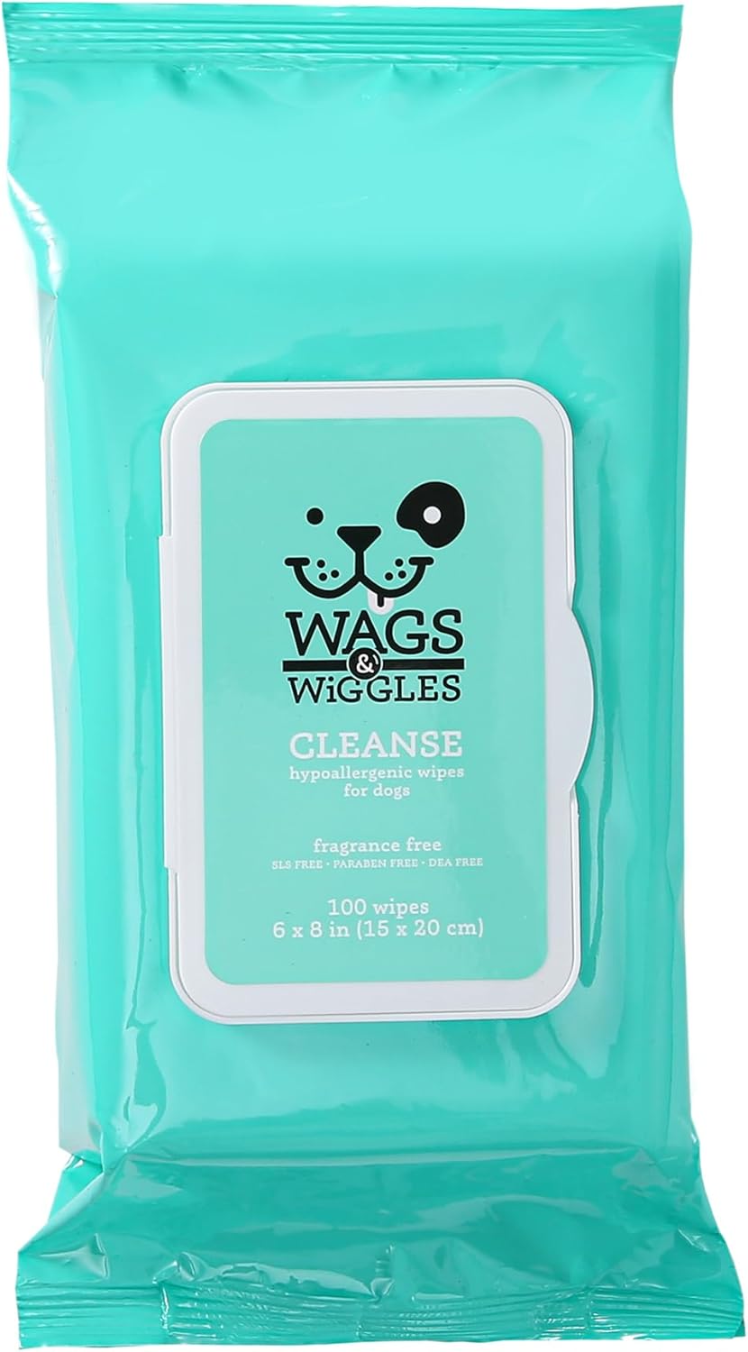 Wags & Wiggles Hypoallergenic Dog Wipes, Fragrance-Free, 100 Count | Waterless cleansing cloths for paws, face, and body, no SLS, parabens, or DEA for sensitive skin