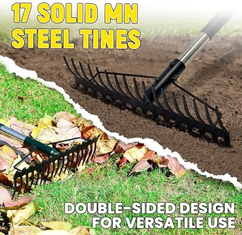 Bow Rake, 68-Inch Adjustable Handle Garden Rake with 17 Steel Tines, Heavy Duty Dual-Sided Metal Rake Landscape Gardening Tool for Soil Loosening Lawn Yard Leaves Mulch Thatch Removing