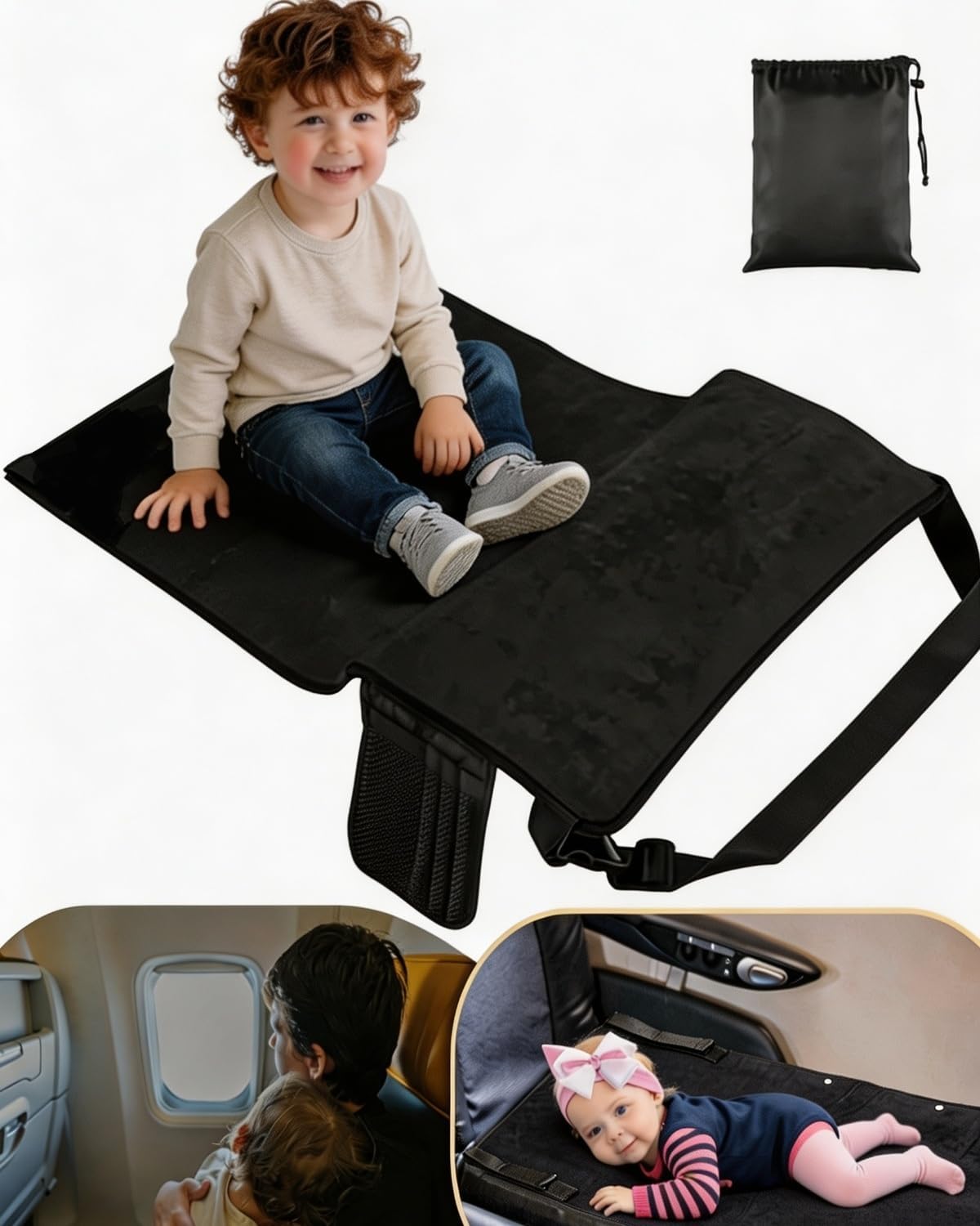 Toddler Airplane Bed, Portable Airplane Seat Extender Travel Bed for Kids, Soft Baby Plane Travel Essentials for Flying, Toddlers Long Flight Must Haves Footrest - Large Size Black
