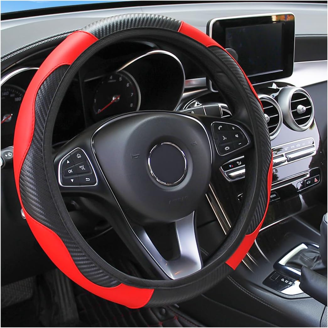 Osilly 15 Inch Carbon Fiber PU Leather Steering Wheel Cover, Red