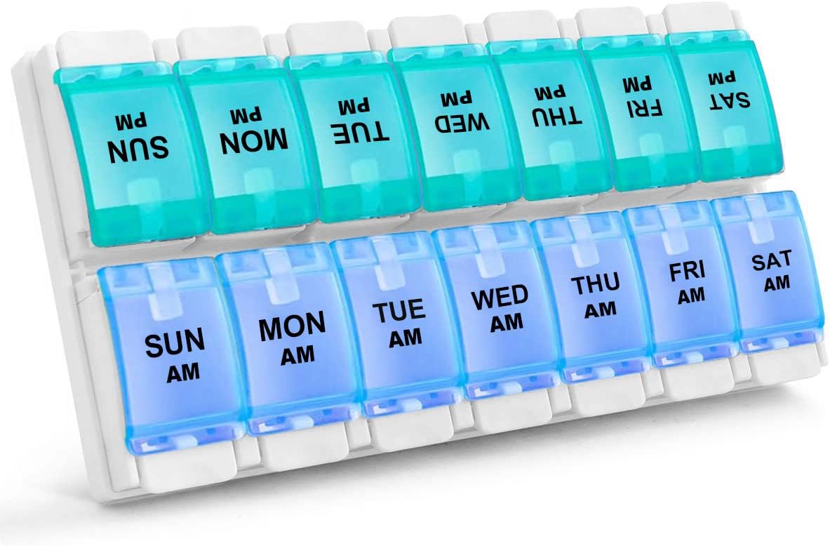 Sukuos AM PM Weekly Pill Organizer 2 Times A Day, Large Daily Pill Box Case 7 Day with Easy Push Button Design, Detachable Medicine Holder for Vitamin/Fish Oil/Supplements (Rainbow)