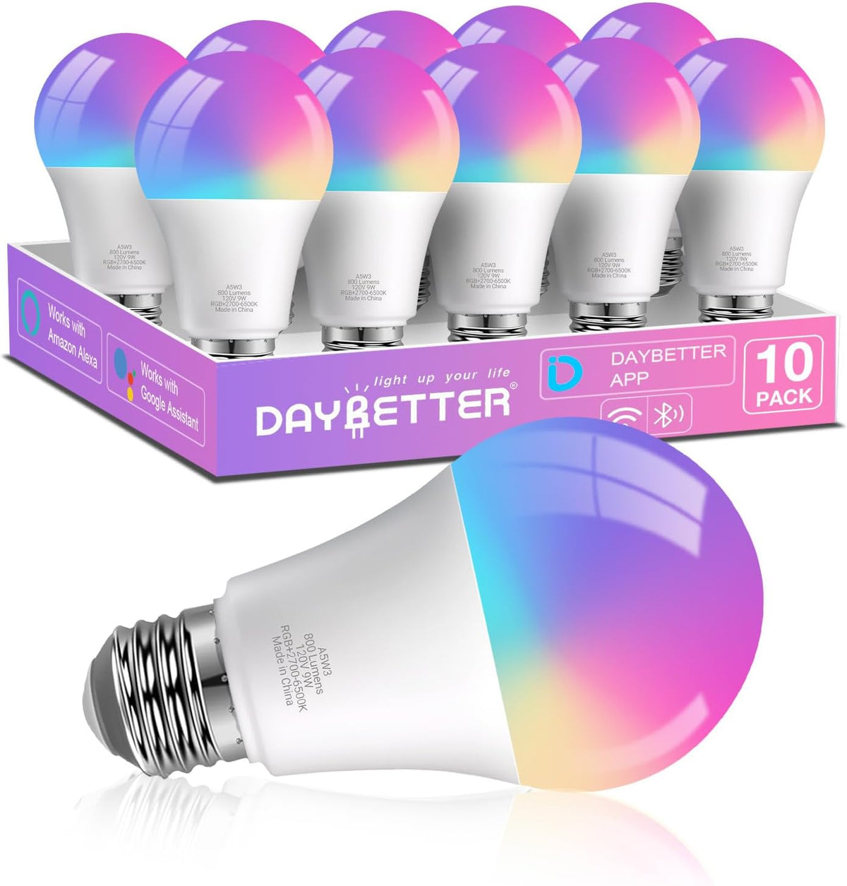 DAYBETTER A19 E26 Smart Light Bulbs,Compatible with Alexa & Google Home