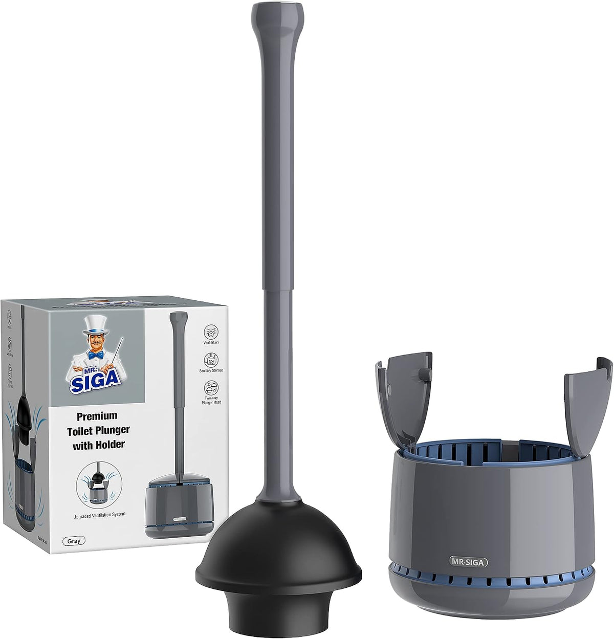 MR.SIGA Toilet Plunger with Holder, Plungers for Bathroom Heavy Duty, Black