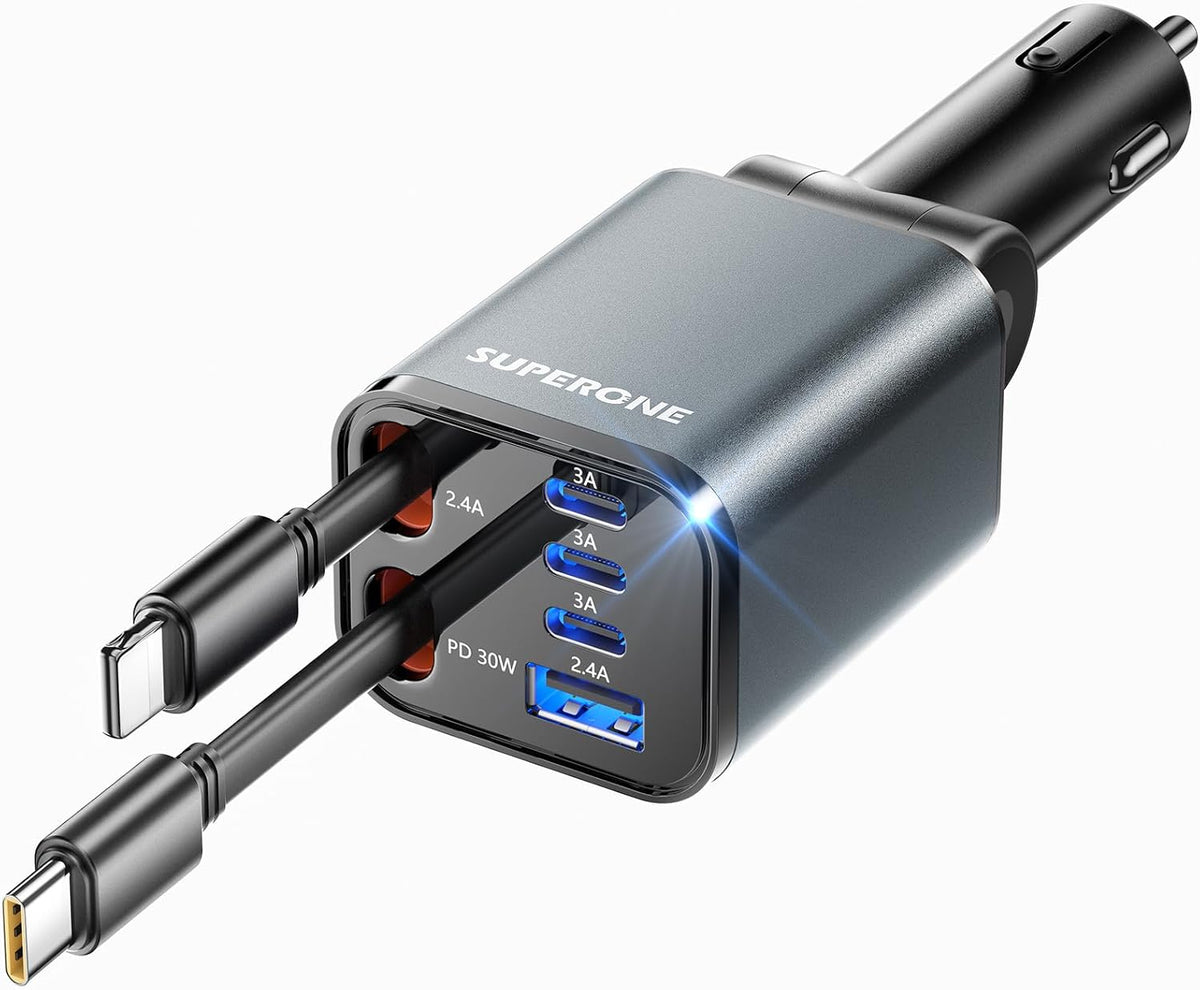 Retractable Car Charger, SUPERONE 99W Car Phone Charger with Dual Cables