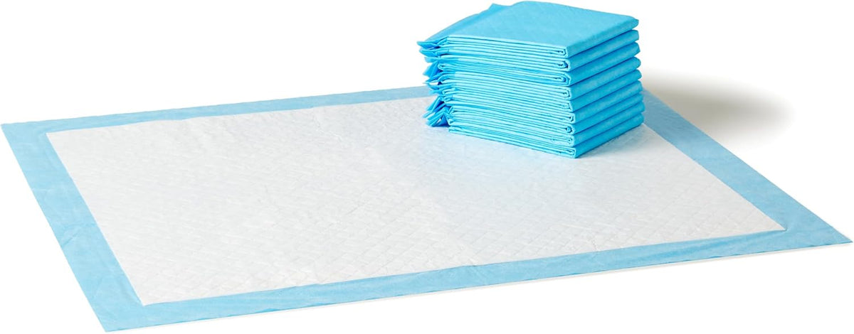 Amazon Basics X-Large Heavy Duty Absorbent Puppy Potty Pads, Leak-Proof, Quick-Dry, Super Absorbent Gel Technology for Dog Training, 28 x 34 Inches, Blue & White, Pack of 50