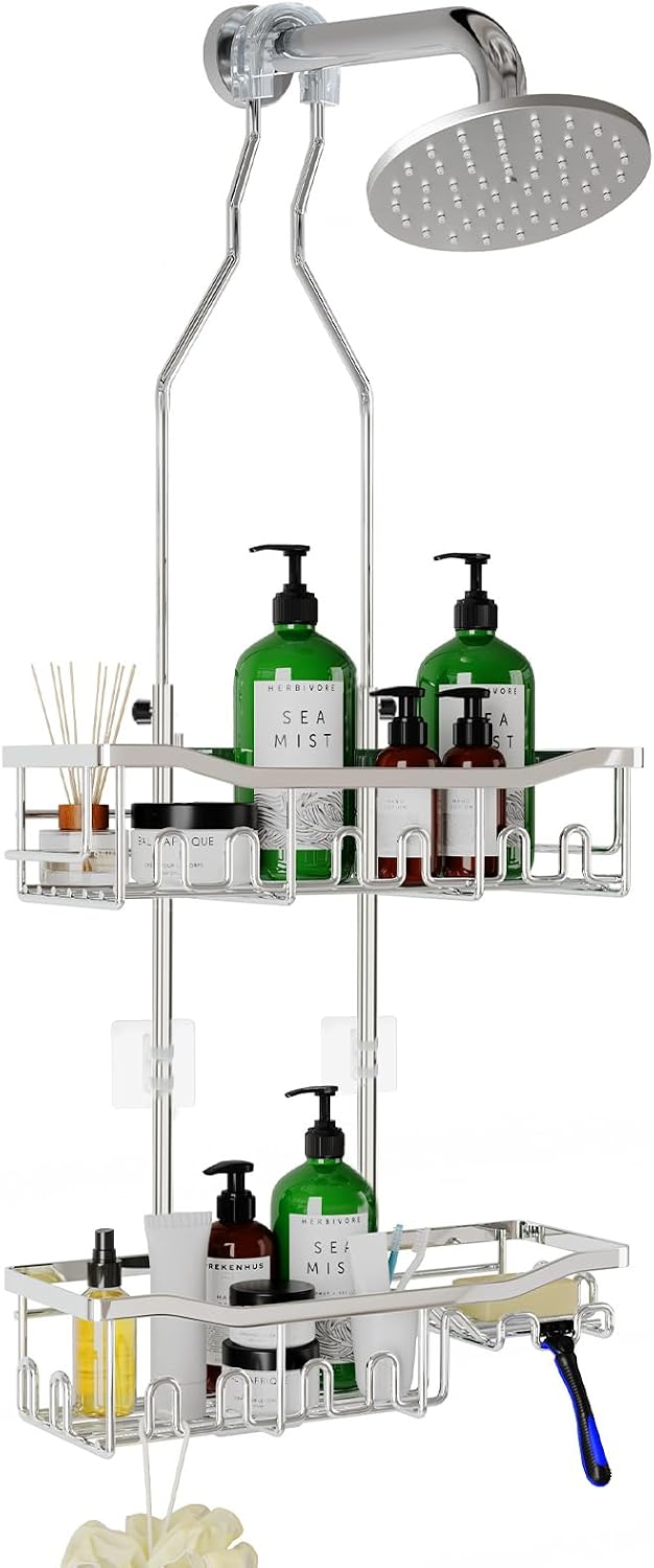 Upgraded Extended Length Shower Organizer with Hooks, Rustproof Shampoo Soap Holder, Large Hanging Bathroom Caddy
