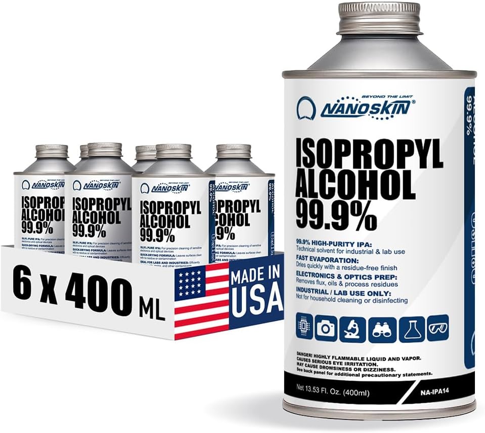 Nanoskin 99.9% Isopropyl Alcohol (IPA) – High-Purity Technical Grade Alcohol for Industrial & Laboratory Use, Fast Evaporating, Low-Residue Formula – 13.5 fl oz (400 mL), Single Pack