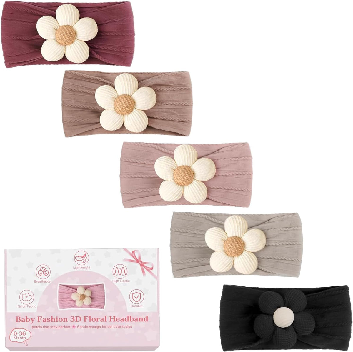 CÉLLOT 5Pcs Baby Flower Headbands Baby Girl Soft Nylon Headband for Newborn