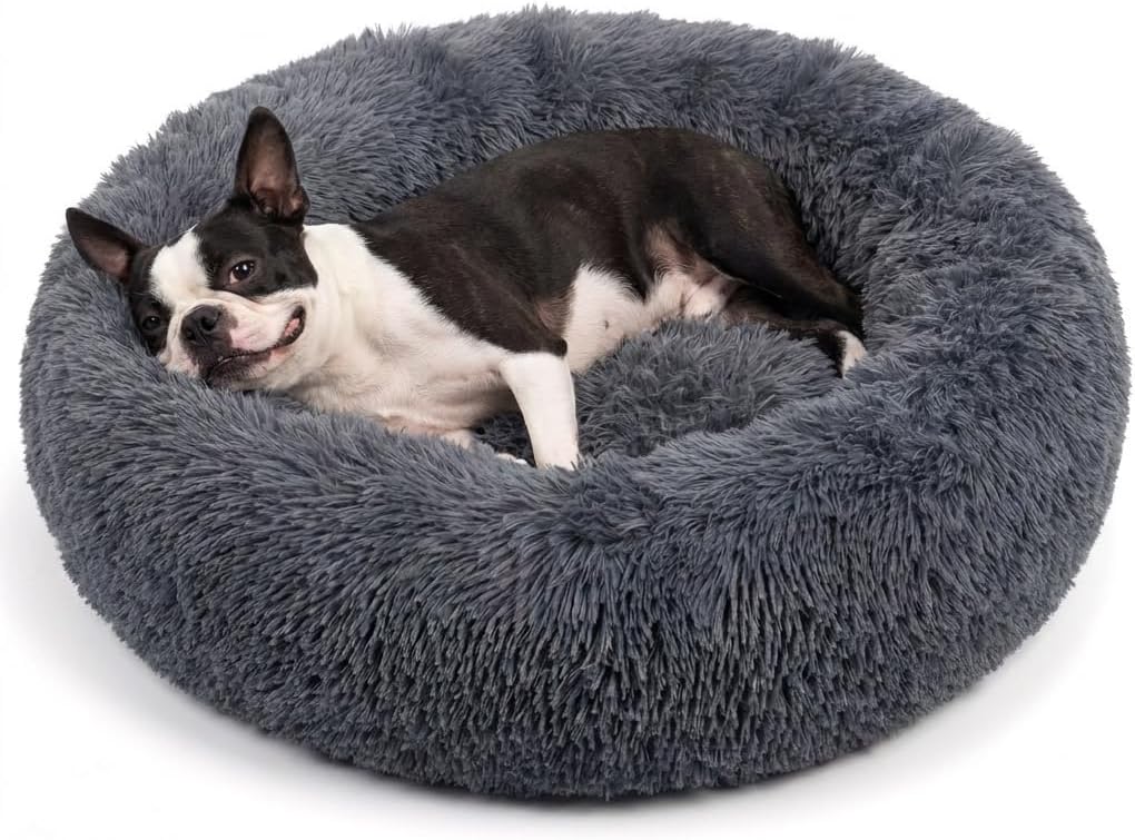 Small Calming Dogs Bed for Small Dogs Anti-Anxiety Machine Washable Fluffy Luxury Anti-Slip Waterproof Mute Base Warming Cozy Soft Pet Puppy Round Bed