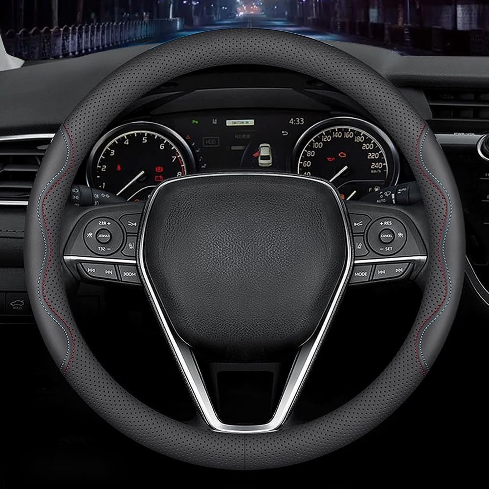 LKWLIKEI Nappa Premium Leather car Steering Wheel Cover, Non-Slip, Breathable, Universal 15 inches, Black.