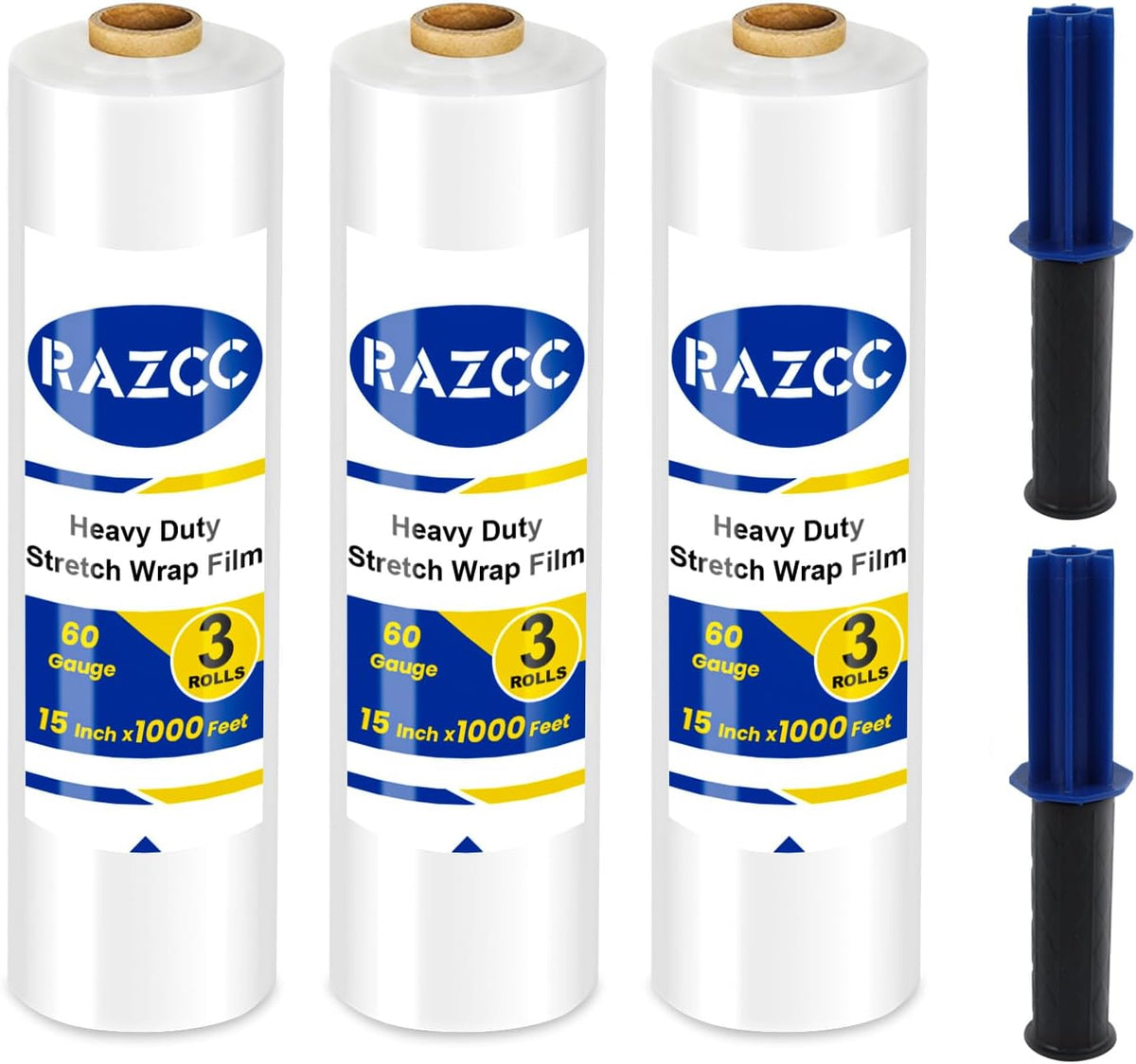 Stretch Film, RAZCC Stretch Wrap Industrial Strength, Shrink Wrap for Pallet Wrap, Heavy Duty Clear Plastic Wrap with Handles, Moving Wrapping Plastic Roll, 15" x 1000 Ft Per Roll, 60 Gauge, 4 Pack