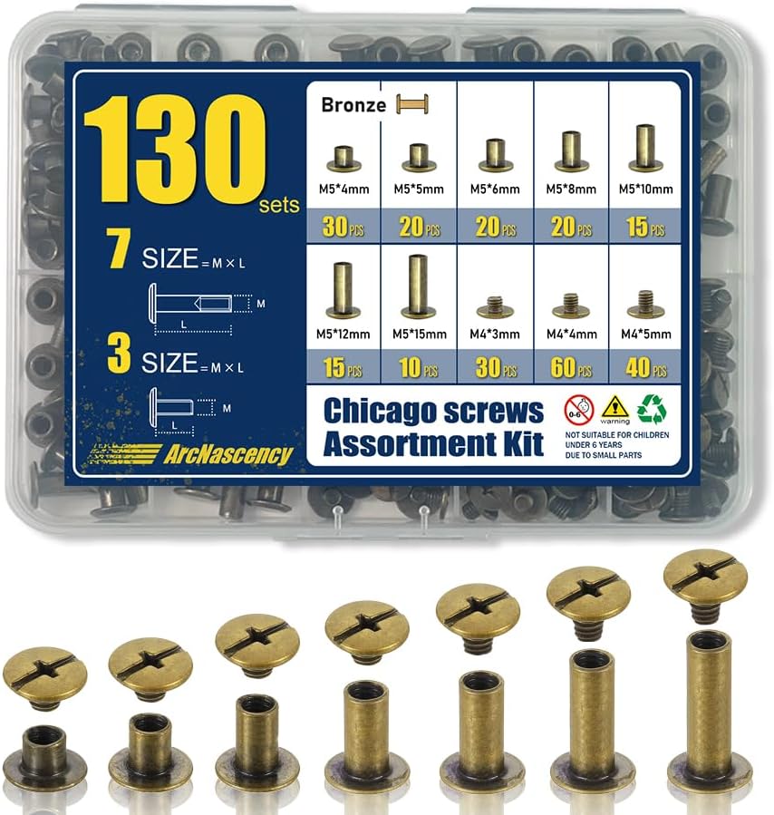 130 Sets Gunmetal Black Chicago Screws Leather Rivets Kit, 7 Sizes (M5*4,5,6,8,10,12,15) & 3 Screw Lengths (M4*3,4,5) for Belts, Bookbinding, DIY Leather