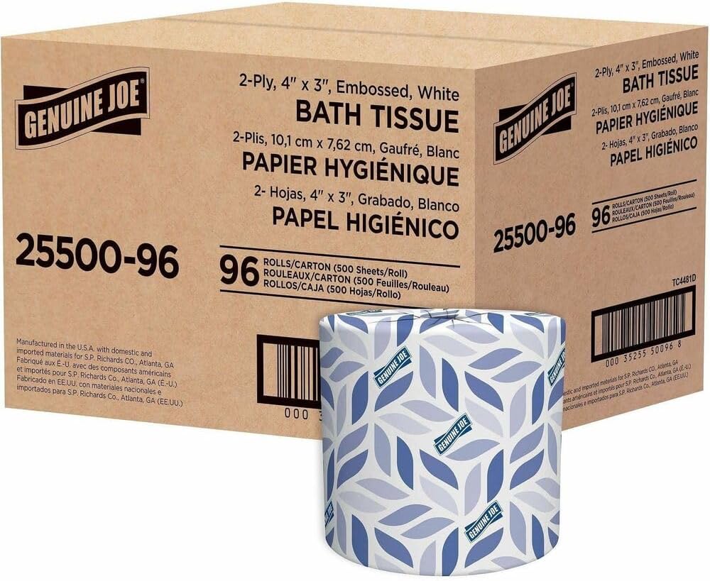 Genuine Joe Standard Bath Tissue, 3" x 4", 2-Ply, 400 Sheets/Roll, 96 Count