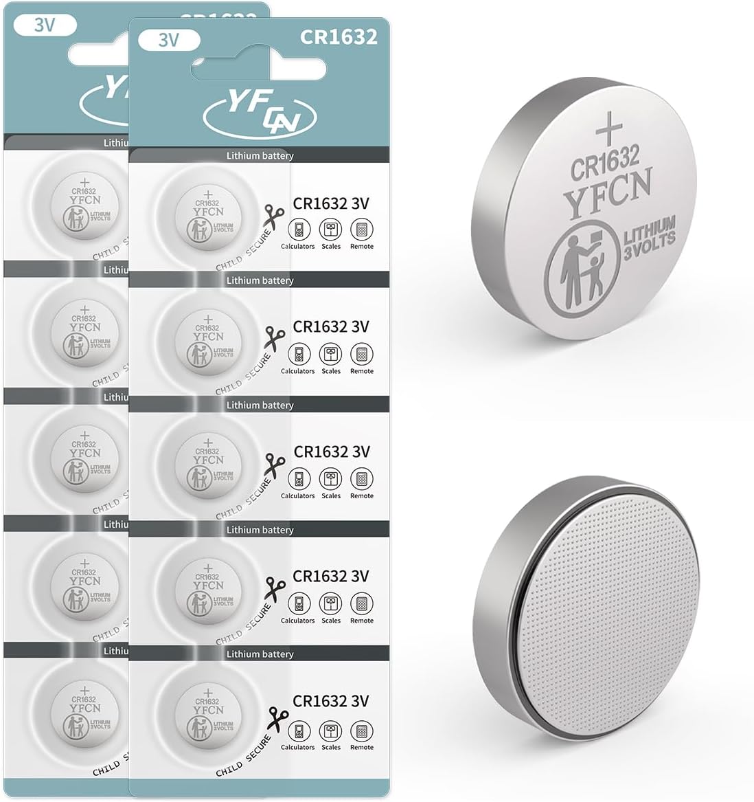 YFCN CR1632 Battery 3V Lithium Battery 10 Count Pack CR1632 Batteries for Car Key Fob, Keyless Remote, Sensors - CR 1632 Coin Cell Batteries - 5 Years Shelf Life